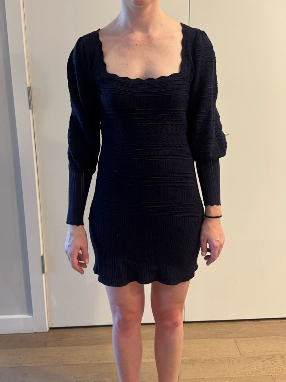 Sezane Hallie Dress Navy Knit Scalloped Square Neck Mini XS - never worn